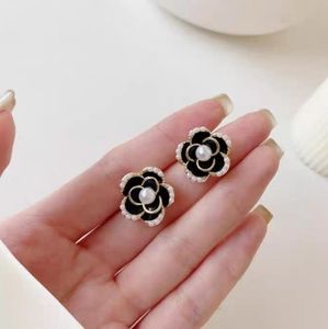 Black Flower Faux Pearl Earrings